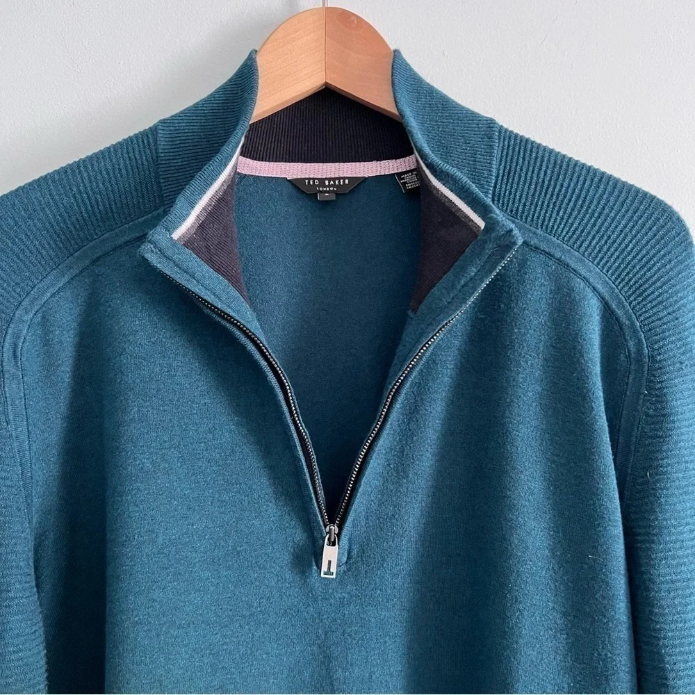 Men’s Ted Baker London Pullover 1/3 Zip Ribbed Sweater Teal Business Casual